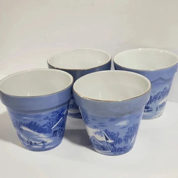 VTG Set  Of 4 Currier and Ives Mini Plant Pots Farm Scenes,Blue. - Picture 11 of 12